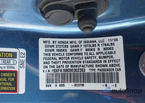 2009 Honda Civic Ex z USA, uszkodzony, nr VIN 19XFA16809E002393